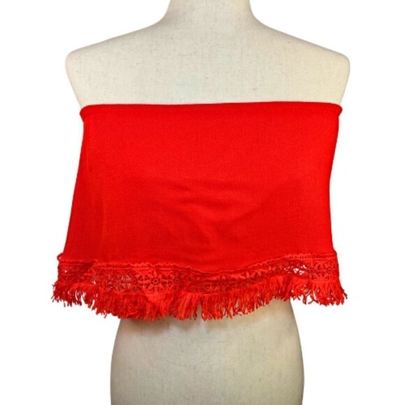 LULUS Californian Red Fringe Strapless Crop Top with Crochet Hem Size L - Picture 2 of 11